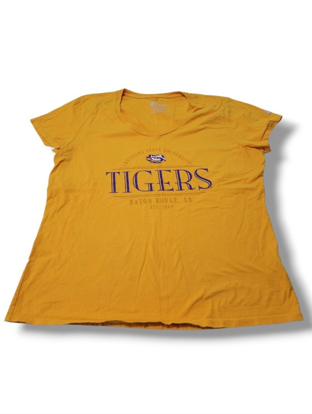 LSU Tigers Shirt Youth XL 16-18 Yellow Russell Athletic V-Neck Graphic Tee Girls